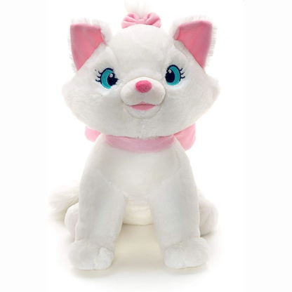 Peluche morbido seduto di Disney Classics Minou la gattina bianca con orecchie rosa, fiocco rosa in testa e collarino rosa coordinato