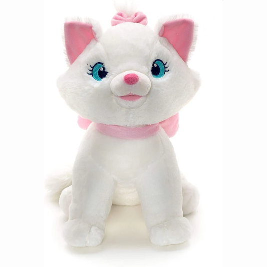 Peluche morbido seduto di Disney Classics Minou la gattina bianca con orecchie rosa, fiocco rosa in testa e collarino rosa coordinato