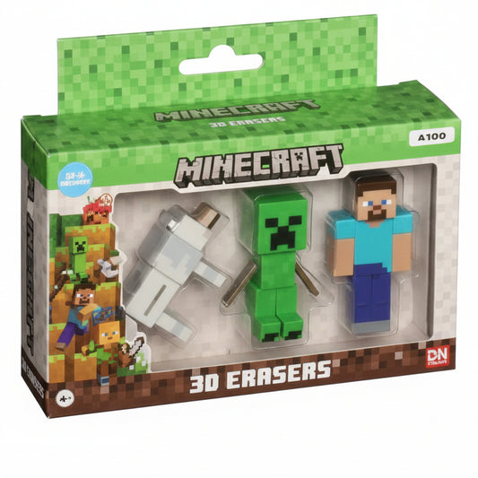 Confezione regalo di tre gomme 3D Minecraft sagomate a forma di personaggi del videogioco su sfondo bianco