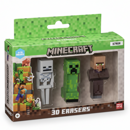 Confezione regalo di tre gomme 3D Minecraft sagomate a forma di Scheletro, Creeper e Villager su sfondo bianco