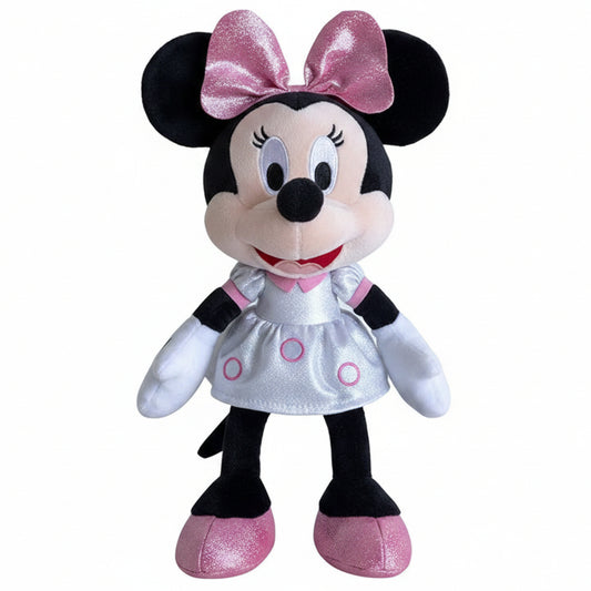 Peluche morbido di Disney Minnie Mouse con un abito bianco argentato decorato con cerchi rosa, grandi scarpe rosa glitterate e un fiocco rosa glitterato in testa