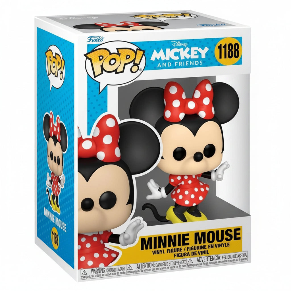 Funko Pop! Disney Mickey and Friends n. 1188 raffigurante Minnie Mouse con abito rosso a pois bianchi, fiocco coordinato e scarpe gialle, accompagnato dalla sua scatola da collezione con finestra