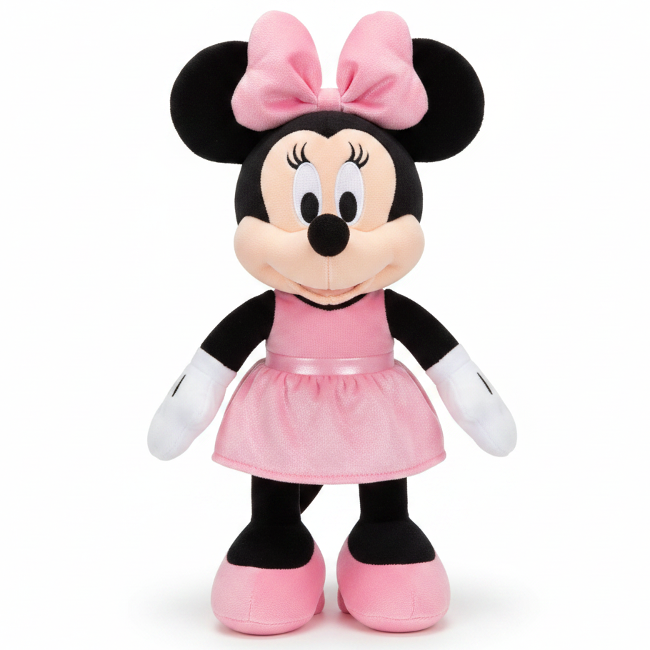 Peluche morbido di Disney Minnie Mouse in piedi con un abito rosa senza pois, grande fiocco rosa coordinato in testa, guanti bianchi e scarpe rosa