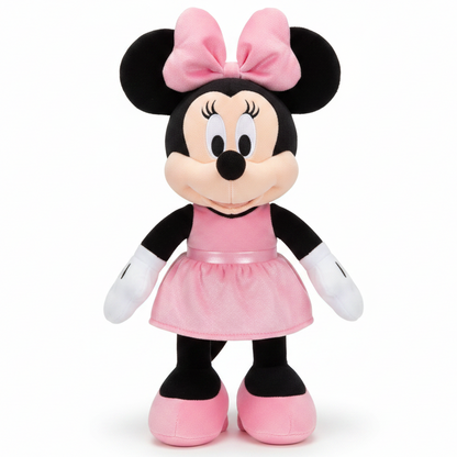 Peluche morbido di Disney Minnie Mouse in piedi con un abito rosa senza pois, grande fiocco rosa coordinato in testa, guanti bianchi e scarpe rosa