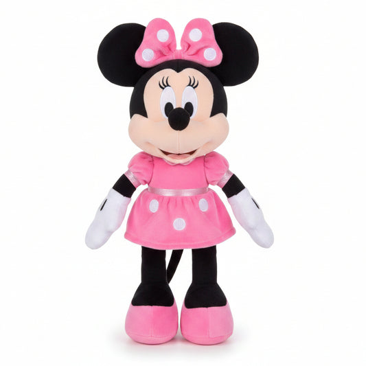 Peluche morbido di Disney Minnie Mouse con abito rosa a pois bianchi, fiocco coordinato in testa, guanti bianchi e scarpe rosa