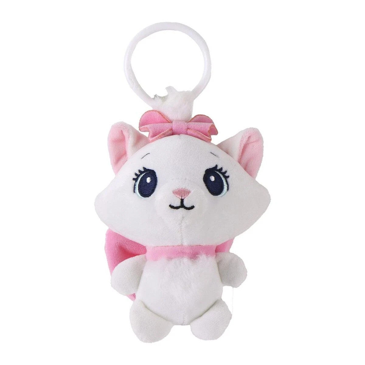 Peluche morbido di Disney Classics Minou la gattina bianca con fiocco e collarino rosa, dotata di una clip di plastica bianca sulla testa per appenderla
