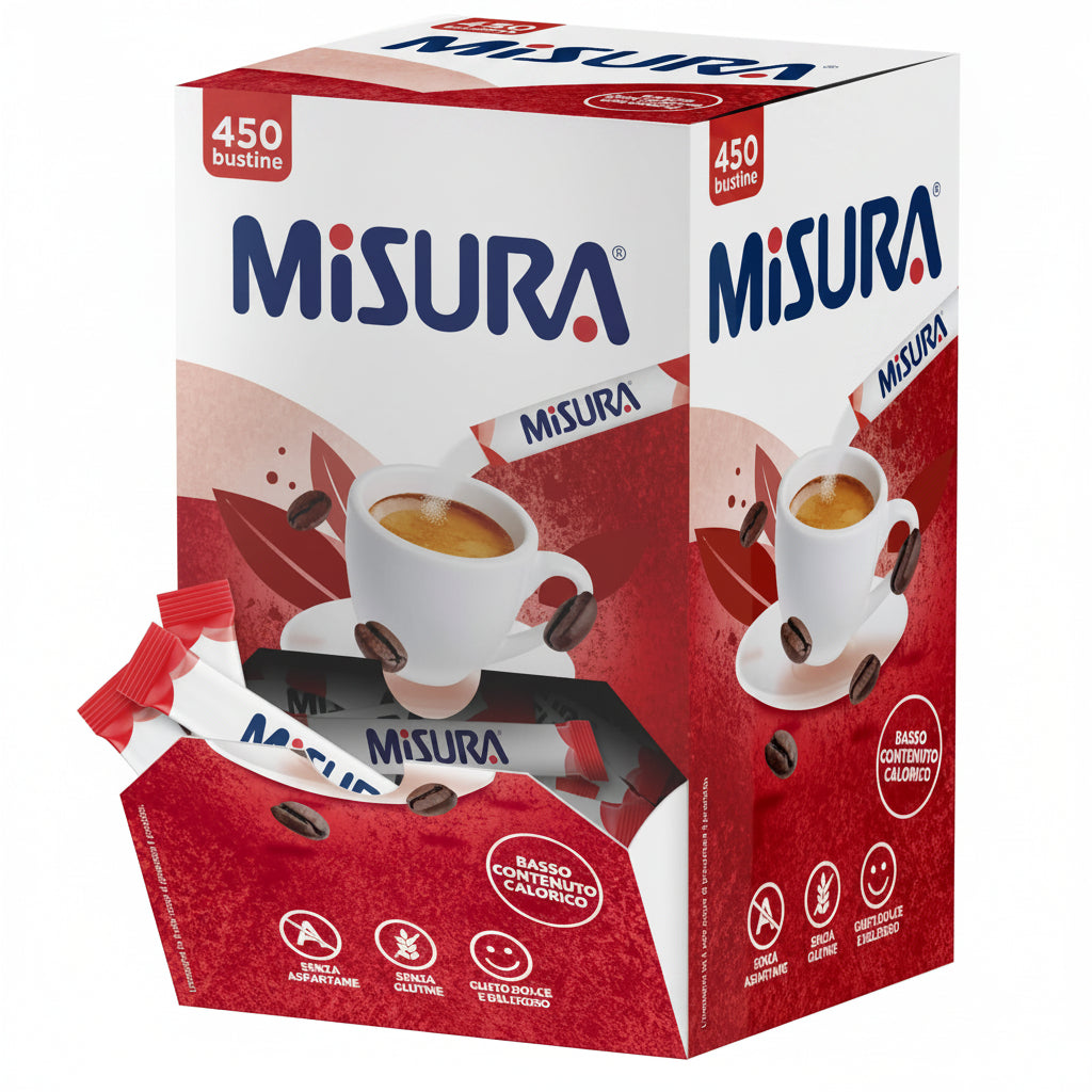 Box dispenser bianco e rosso di dolcificante Misura con 450 bustine monodose e stick in primo piano su sfondo bianco