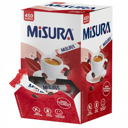 Box dispenser bianco e rosso di dolcificante Misura con 450 bustine monodose e stick in primo piano su sfondo bianco