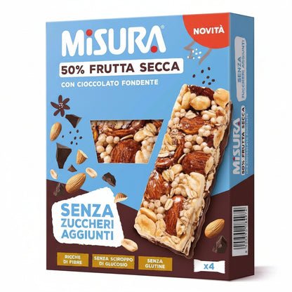 Misura Barrette Frutta Secca Cioccolato Fondente 4x30gr Senza Glutine e Zuccheri