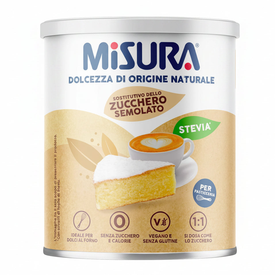 Barattolo di dolcificante Misura Stevia sostitutivo dello zucchero semolato con grafica di torta e tazza di caffè su sfondo bianco