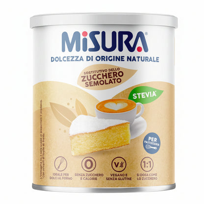 Barattolo di dolcificante Misura Stevia sostitutivo dello zucchero semolato con grafica di torta e tazza di caffè su sfondo bianco