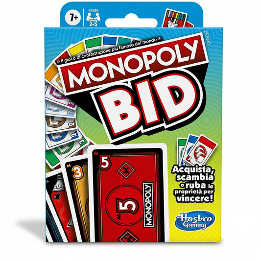 Confezione del gioco di carte Monopoly Bid di Hasbro Gaming con carte numerate e titolo in evidenza