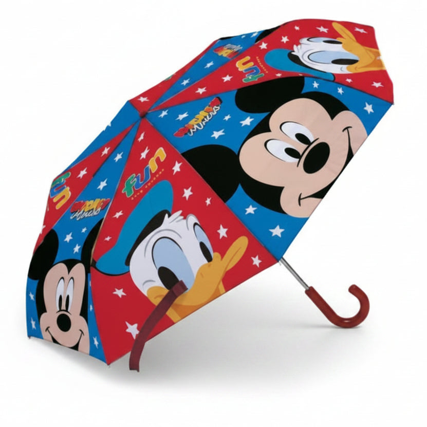 Ombrello per bambini Disney Mickey & Friends rosso e blu con stampe di Topolino e Paperino e manico curvo su sfondo bianco
