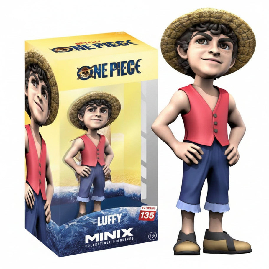 Action figure da collezione Minix di Monkey D. Luffy dalla serie Netflix One Piece, raffigurato con il cappello di paglia, gilet rosso e pantaloncini blu, affiancato dalla sua confezione di vendita gialla e blu
