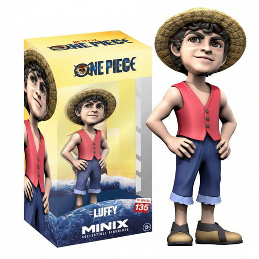 Action figure da collezione Minix di Monkey D. Luffy dalla serie Netflix One Piece, raffigurato con il cappello di paglia, gilet rosso e pantaloncini blu, affiancato dalla sua confezione di vendita gialla e blu