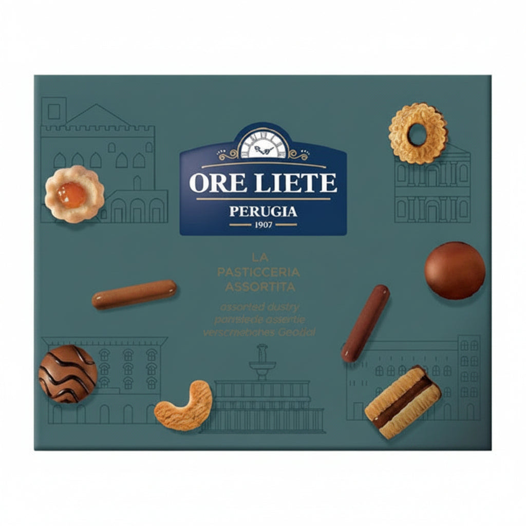 Confezione regalo Ore Liete Perugia La Pasticceria Assortita verde scuro con illustrazioni di monumenti e biscotti assortiti in evidenza su sfondo bianco