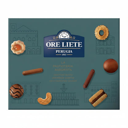 Confezione regalo Ore Liete Perugia La Pasticceria Assortita verde scuro con illustrazioni di monumenti e biscotti assortiti in evidenza su sfondo bianco