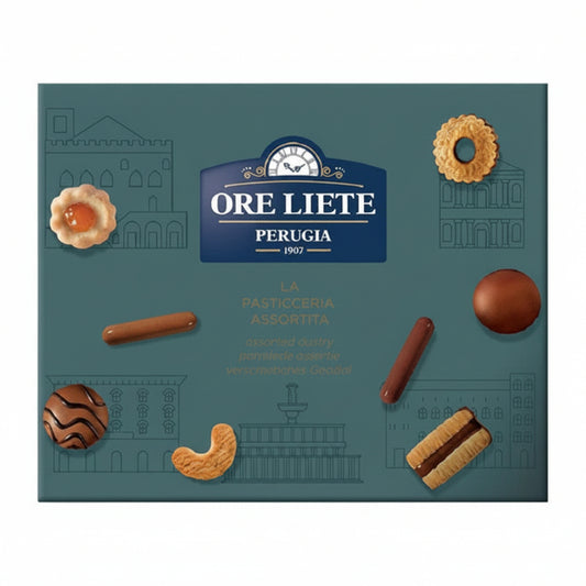 Confezione regalo Ore Liete Perugia La Pasticceria Assortita verde scuro con illustrazioni di monumenti e biscotti assortiti in evidenza su sfondo bianco