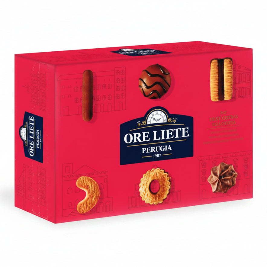 Confezione regalo rossa Ore Liete Perugia La Pasticceria Assortita con illustrazioni di monumenti e biscotti assortiti in evidenza su sfondo bianco