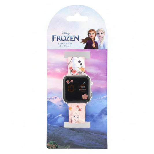 Confezione di un orologio LED digitale Disney Frozen con cassa squadrata, display luminoso e cinturino rosa decorato con Elsa e Olaf su sfondo bianco