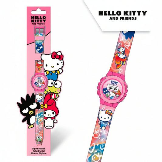 Confezione e dettaglio di un orologio digitale Hello Kitty and Friends fucsia con cinturino decorato con i personaggi Sanrio su sfondo bianco