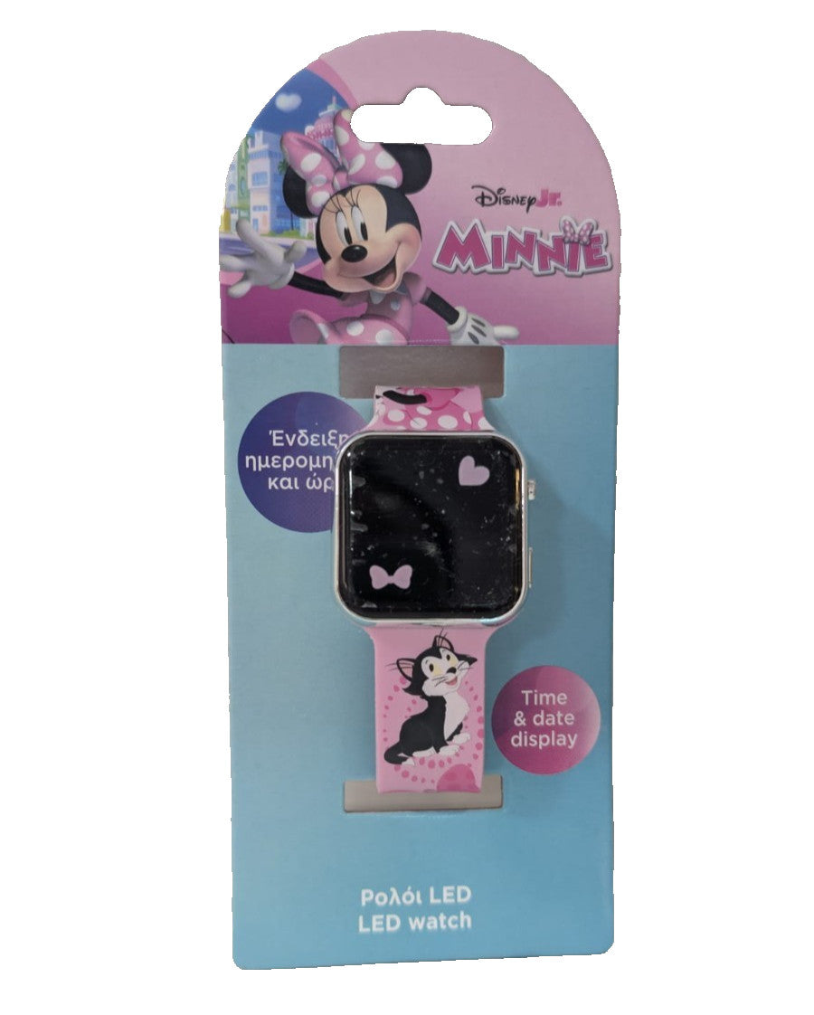 Confezione di un orologio LED digitale Disney Minnie con cassa squadrata, display ora e data e cinturino rosa decorato con Minnie e Figaro su sfondo bianco