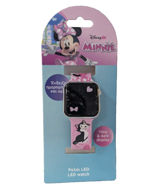 Confezione di un orologio LED digitale Disney Minnie con cassa squadrata, display ora e data e cinturino rosa decorato con Minnie e Figaro su sfondo bianco