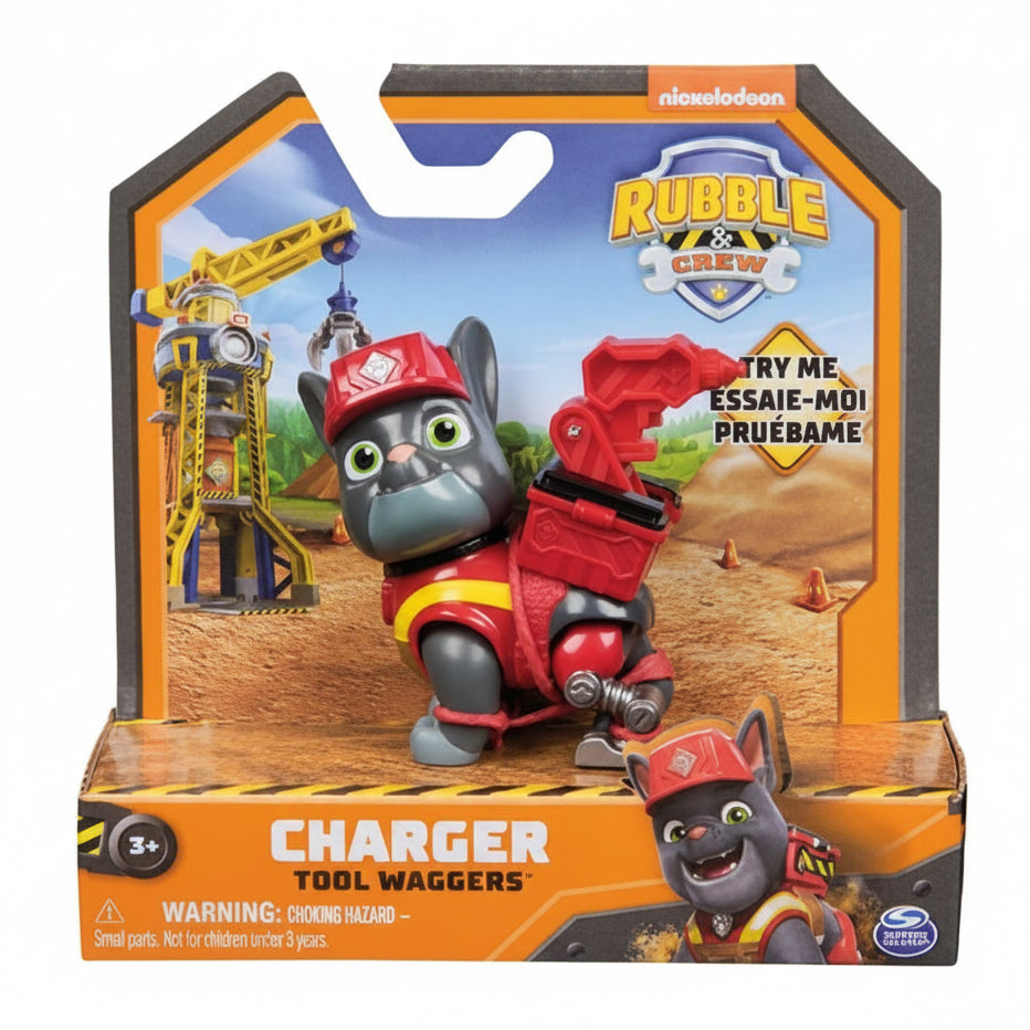 Confezione del giocattolo Rubble & Crew Charger Tool Waggers di Spin Master, con la statuetta interattiva di Charger inserita nella sua scatola originale a tema cantiere