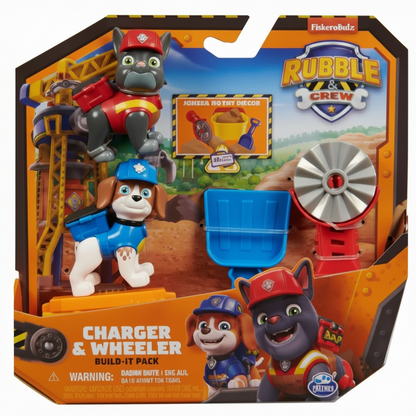 Confezione del set Rubble & Crew Charger & Wheeler Build-It Pack di Spin Master, con le statuine dei cuccioli Charger e Wheeler e gli accessori da cantiere inclusi nella scatola originale a tema