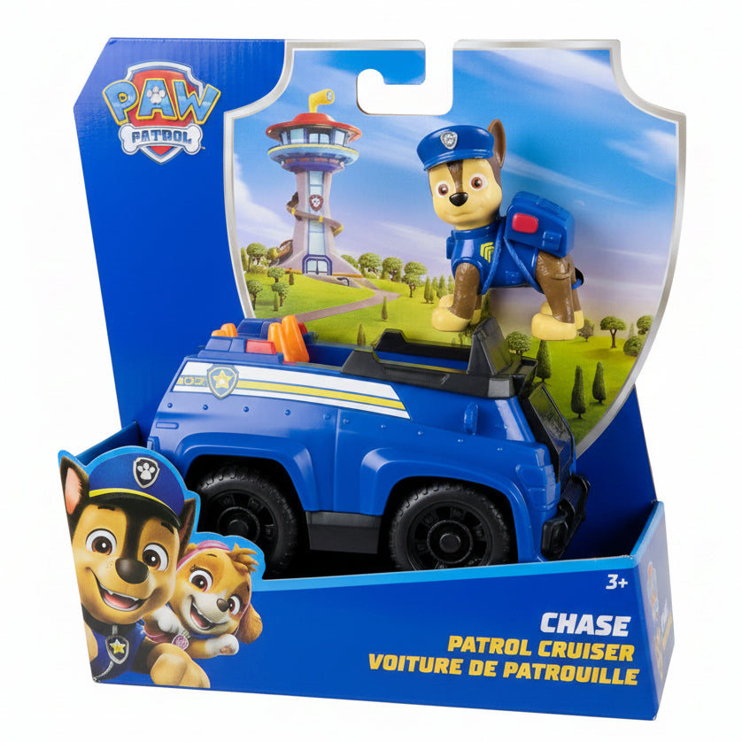 Confezione del set Paw Patrol Chase Patrol Cruiser di Spin Master, con l'auto della polizia blu e la statuetta del cucciolo Chase inserite nella scatola originale a tema