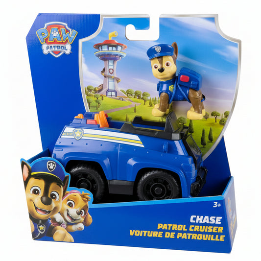Confezione del set Paw Patrol Chase Patrol Cruiser di Spin Master, con l'auto della polizia blu e la statuetta del cucciolo Chase inserite nella scatola originale a tema