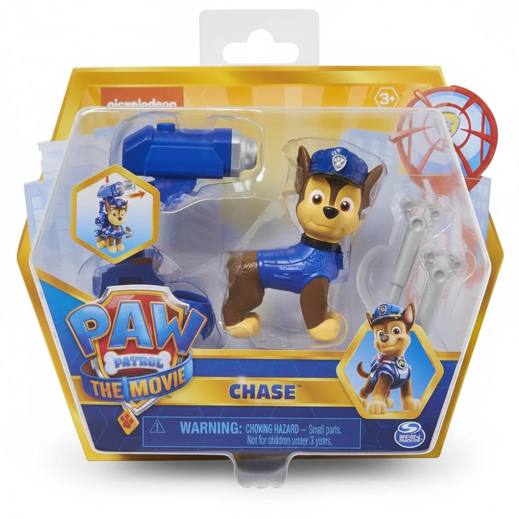 Confezione dell'action figure di Chase da Paw Patrol The Movie di Spin Master, con la statuetta del cucciolo poliziotto e i suoi accessori inseriti nella scatola originale a tema cinematografico