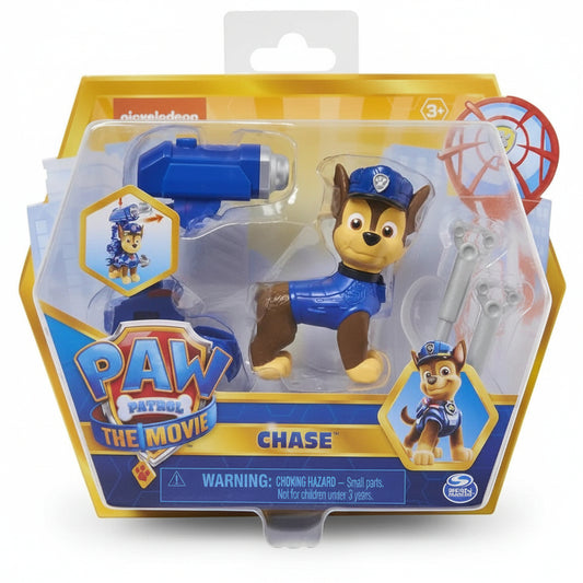 Confezione dell'action figure di Chase da Paw Patrol The Movie di Spin Master, con la statuetta del cucciolo poliziotto e i suoi accessori inseriti nella scatola originale a tema cinematografico