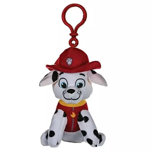 Portachiavi in peluche di Marshall della serie Paw Patrol, raffigurato seduto con la sua divisa e il cappello da pompiere rosso, dotato di un gancio superiore in plastica rossa