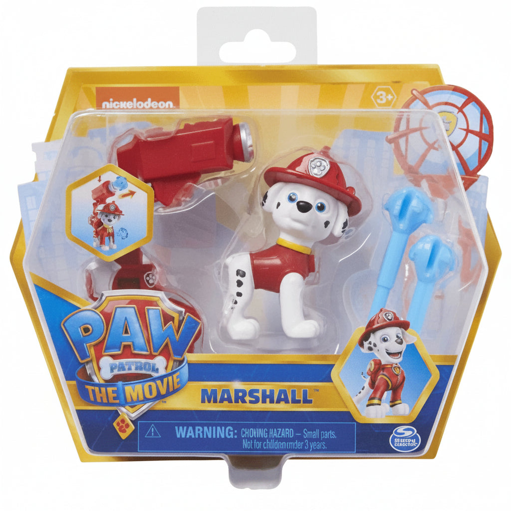 Confezione dell'action figure di Marshall da Paw Patrol The Movie di Spin Master, con la statuetta del cucciolo pompiere e i suoi accessori inseriti nella scatola originale a tema cinematografico