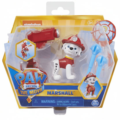 Confezione dell'action figure di Marshall da Paw Patrol The Movie di Spin Master, con la statuetta del cucciolo pompiere e i suoi accessori inseriti nella scatola originale a tema cinematografico