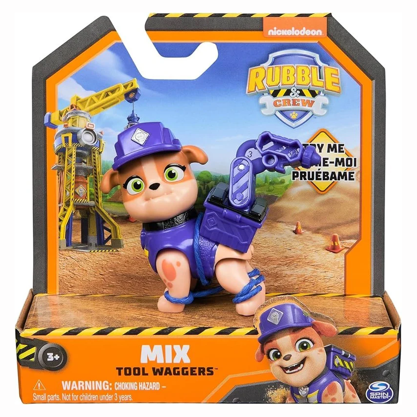 Confezione del giocattolo Rubble & Crew Mix Tool Waggers di Spin Master, con la statuetta interattiva della cucciola Mix inserita nella sua scatola originale a tema cantiere