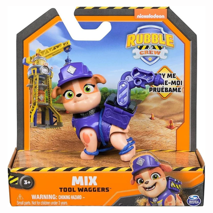Confezione del giocattolo Rubble & Crew Mix Tool Waggers di Spin Master, con la statuetta interattiva della cucciola Mix inserita nella sua scatola originale a tema cantiere