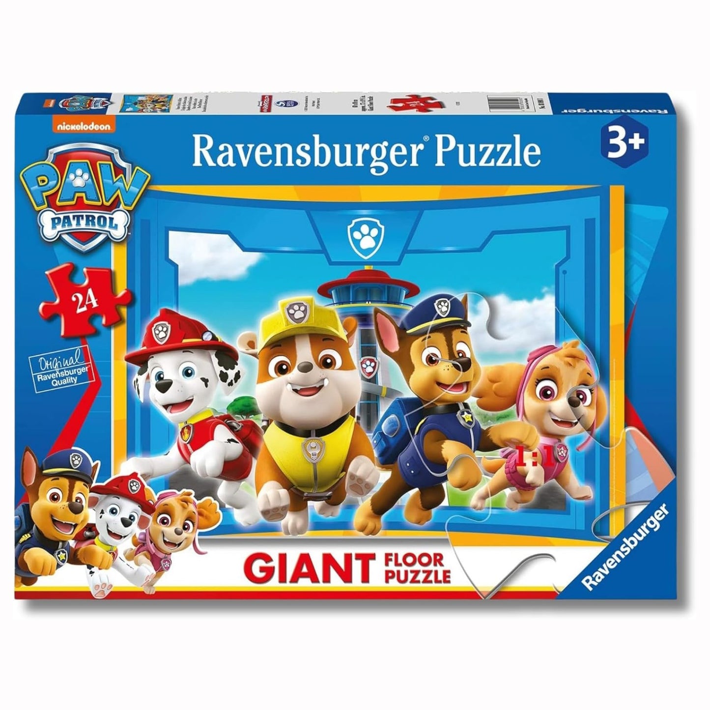 Confezione del Giant Floor Puzzle Paw Patrol da 24 pezzi marca Ravensburger con Chase, Marshall, Rubble e Skye