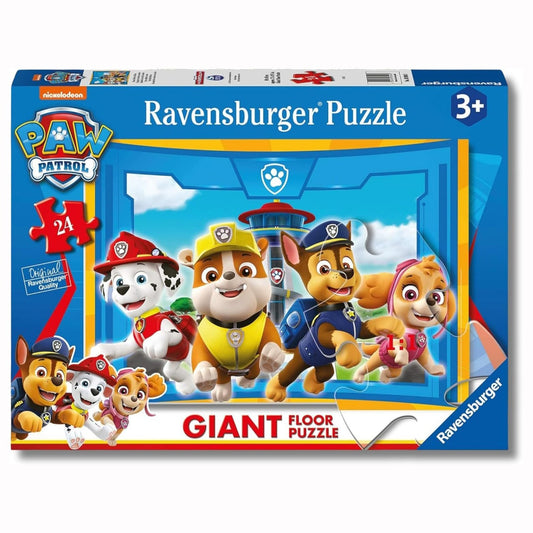 Confezione del Giant Floor Puzzle Paw Patrol da 24 pezzi marca Ravensburger con Chase, Marshall, Rubble e Skye