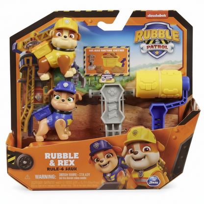 Confezione del set action figure Rubble & Crew Rubble & Mix di Spin Master, con le statuette dei due cuccioli e i relativi accessori da cantiere inseriti nella scatola originale
