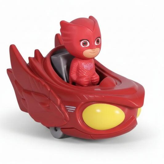 Confezione blister del veicolo in metallo PJ Masks Owl Glider di Dickie Toys, con il Gufaliante rosso e Gufetta inclusi nella scatola originale
