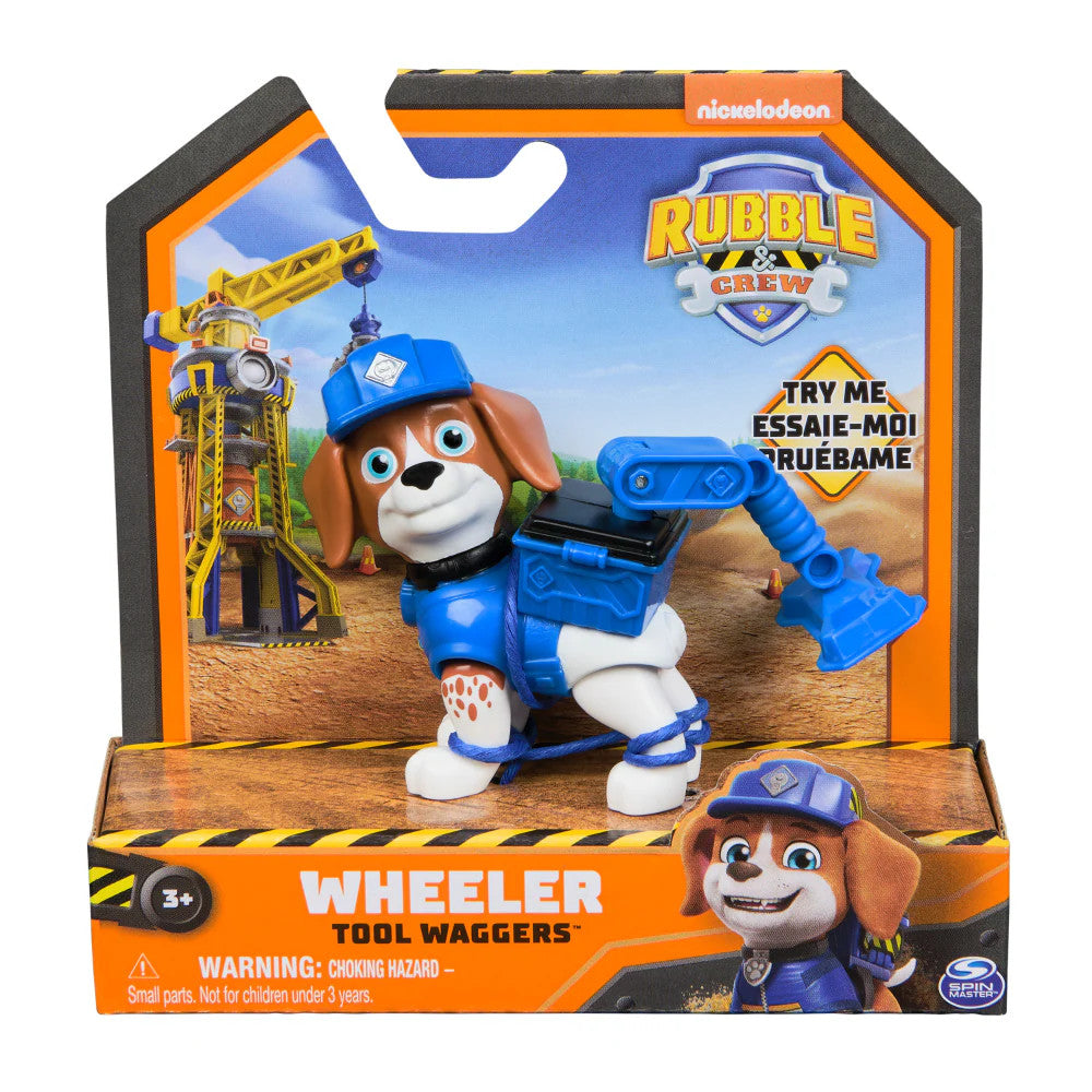 Confezione del giocattolo Rubble & Crew Wheeler Tool Waggers di Spin Master, con la statuetta interattiva del cucciolo Wheeler inserita nella sua scatola originale a tema cantiere