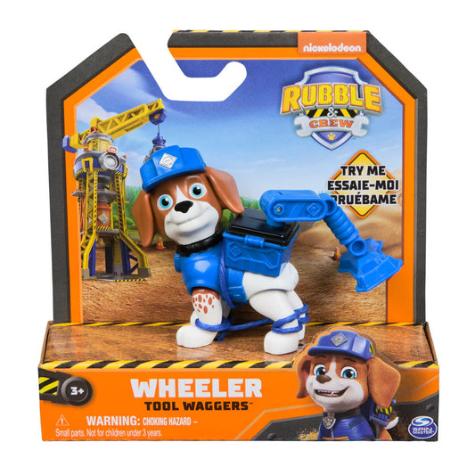Confezione del giocattolo Rubble & Crew Wheeler Tool Waggers di Spin Master, con la statuetta interattiva del cucciolo Wheeler inserita nella sua scatola originale a tema cantiere