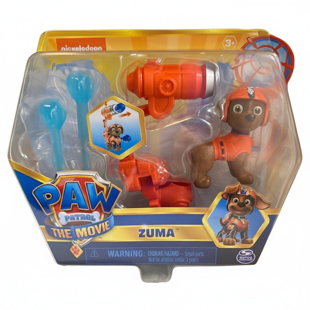 Confezione dell'action figure di Zuma da Paw Patrol The Movie di Spin Master, con la statuetta del cucciolo e i suoi accessori arancioni e blu inseriti nella scatola originale a tema cinematografico