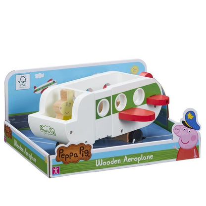 Confezione del giocattolo Peppa Pig Aeroplano di Legno certificato FSC, con l'aeroplano bianco, verde e rosso e la statuetta in legno del personaggio inclusi nella scatola originale