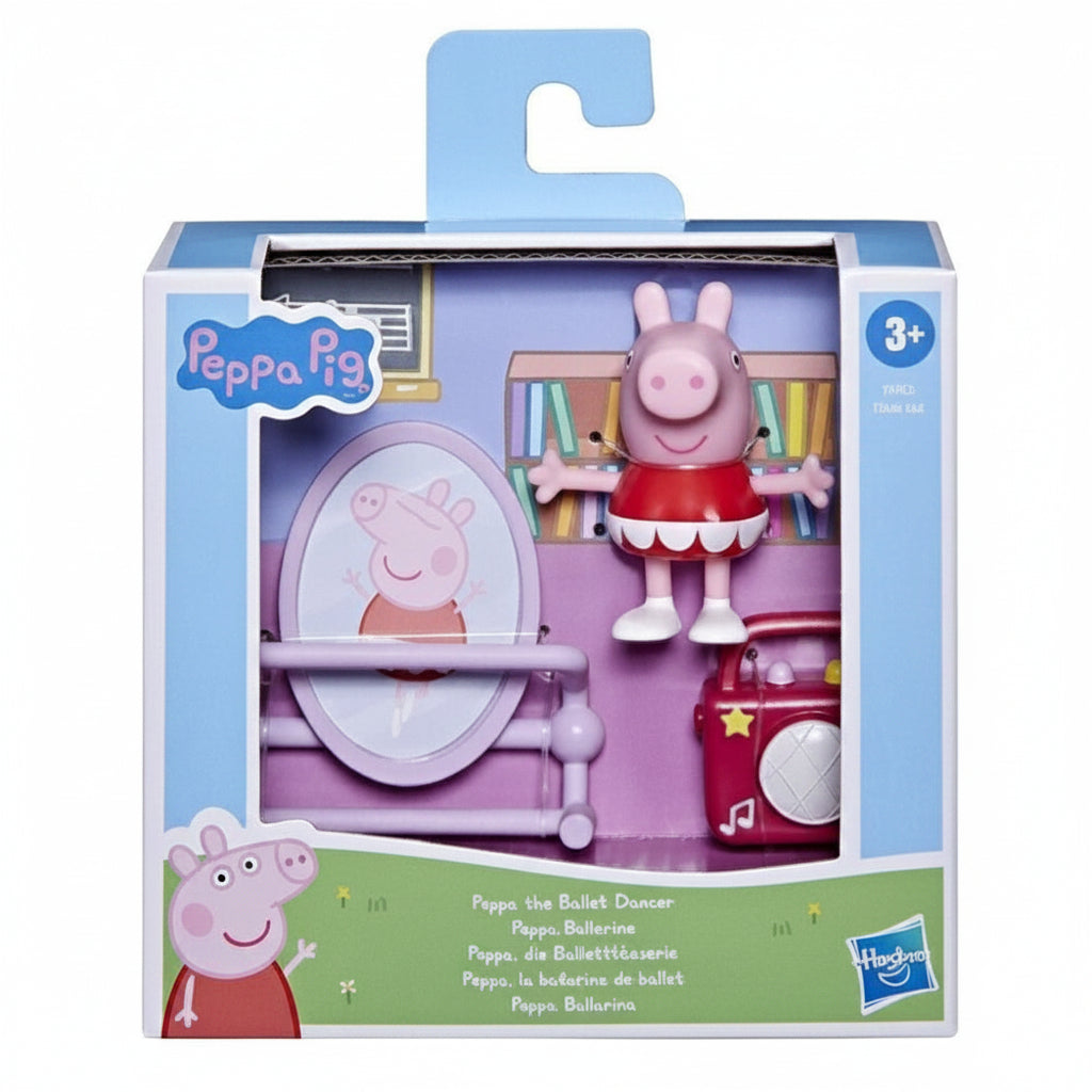 Confezione del giocattolo Peppa Pig La Ballerina di Hasbro, con la statuetta del personaggio in abito da danza e gli accessori inclusi nella scatola originale