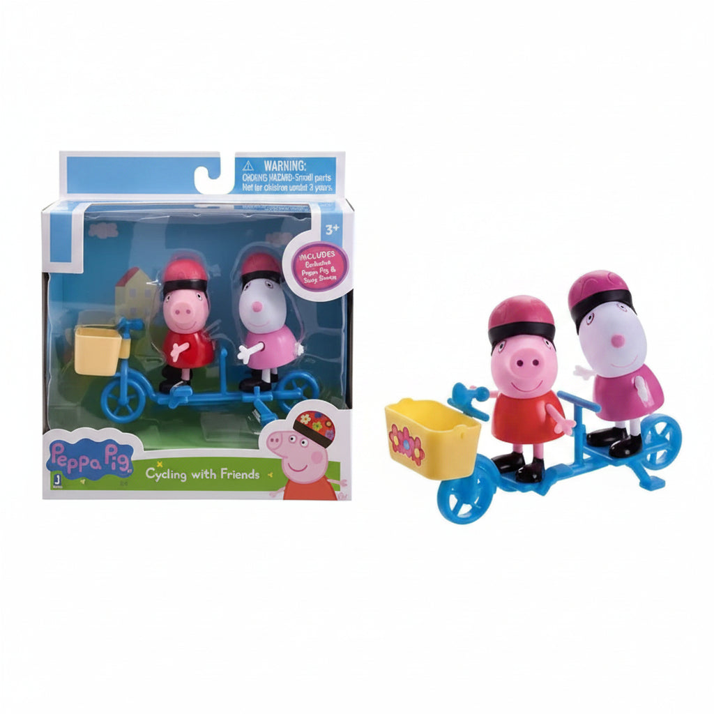 Confezione del set Peppa Pig Cycling with Friends, con le statuette di Peppa Pig e Suzy Sheep con caschetto a bordo del tandem blu incluse nella scatola originale