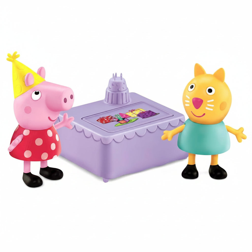Confezione del set Peppa Pig Birthday Party, con le statuette di Peppa Pig con cappellino da festa e Candy Cat insieme agli accessori inclusi nella scatola originale