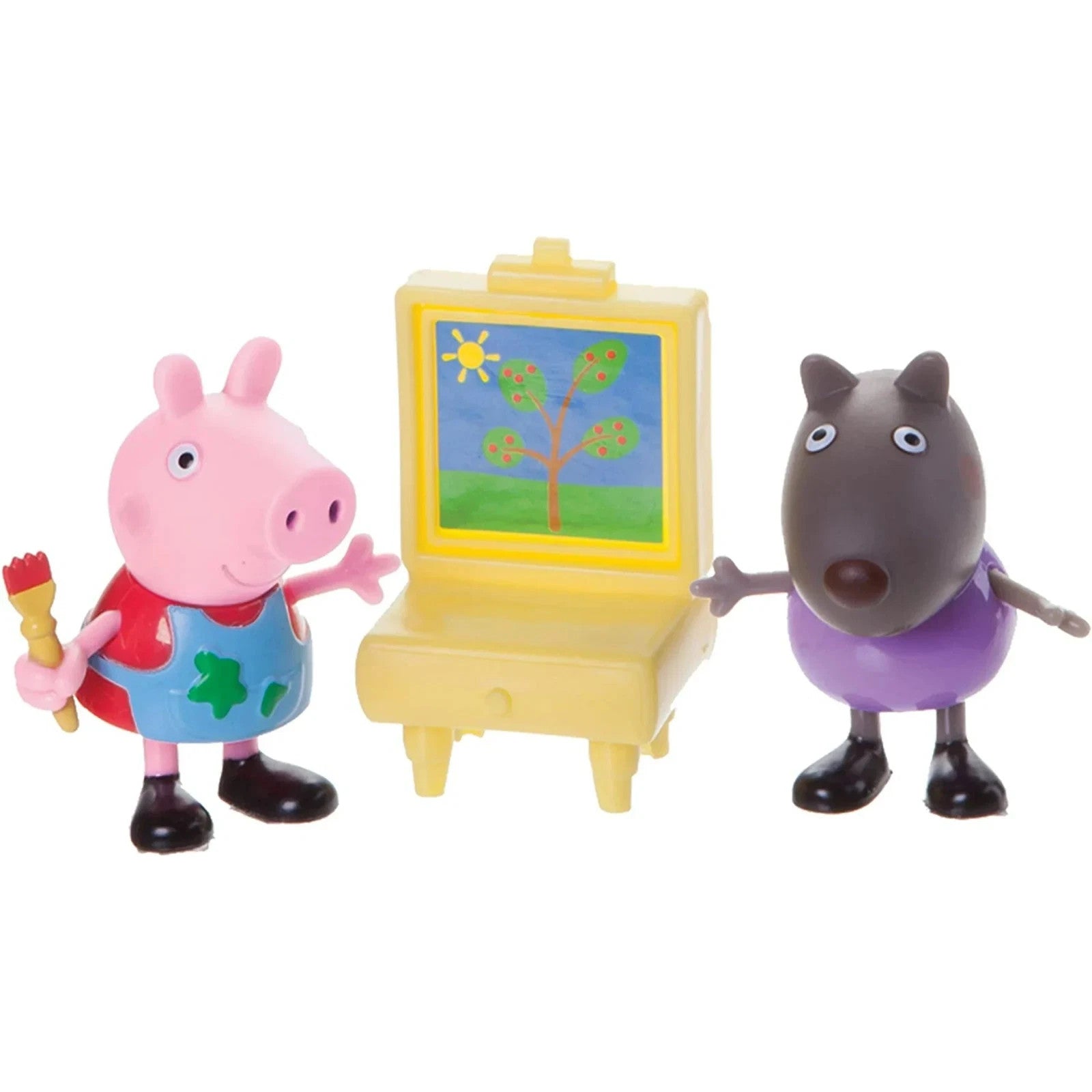 Confezione del set Peppa Pig Painting Class, con le statuette di Peppa Pig con grembiule e Danny Dog insieme al cavalletto da pittura inclusi nella scatola originale